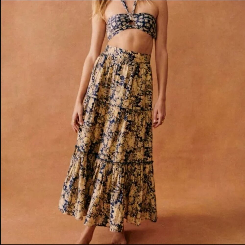 Sezane Sakura Floral Tiered Maxi Skirt in Navy and Cream